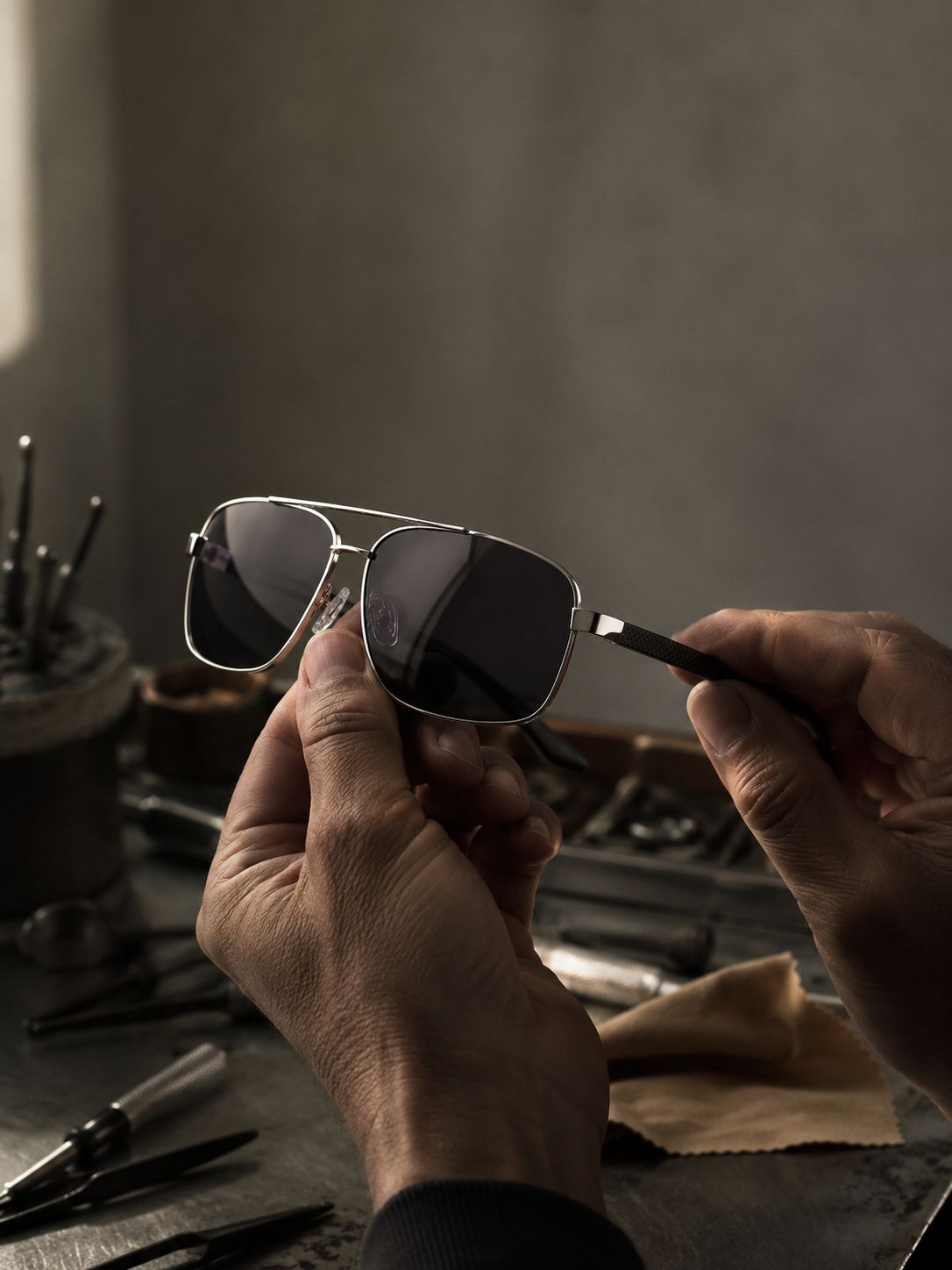 A pair of XAGGER aviators trued by hand at the atelier bench