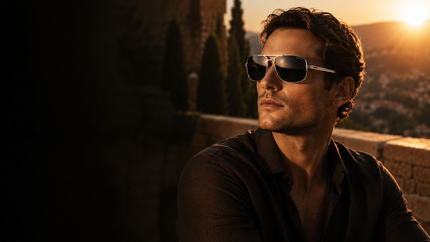 A man at golden hour on a Mediterranean terrace wearing XAGGER polarized aviators